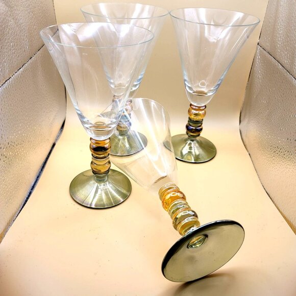 Set Of 4 Handblown Wine or Water Glasses Goblets Multicolor Beaded Stems dh900 - Picture 4 of 9